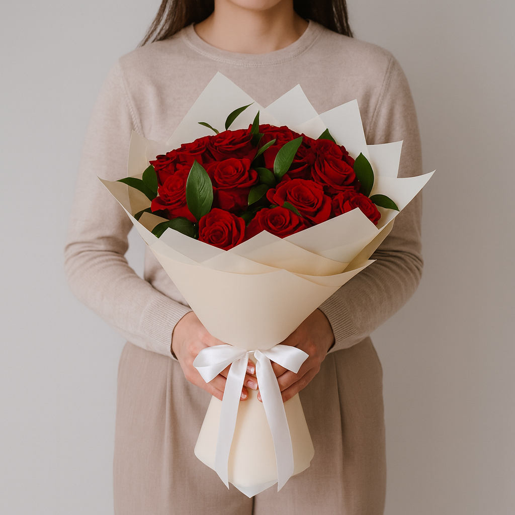 15 Red Roses In Beige