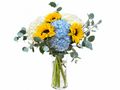 Sunflowers & Blue Hydrangeas in a Glass Vase