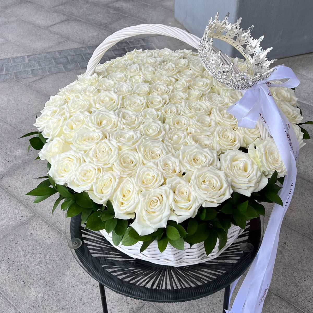 101 White Roses in Basket