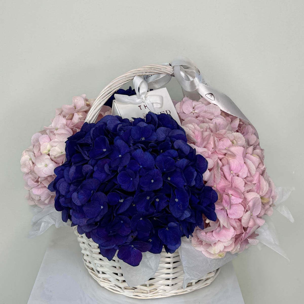 Hydrangea Pink and Purple in White Basket