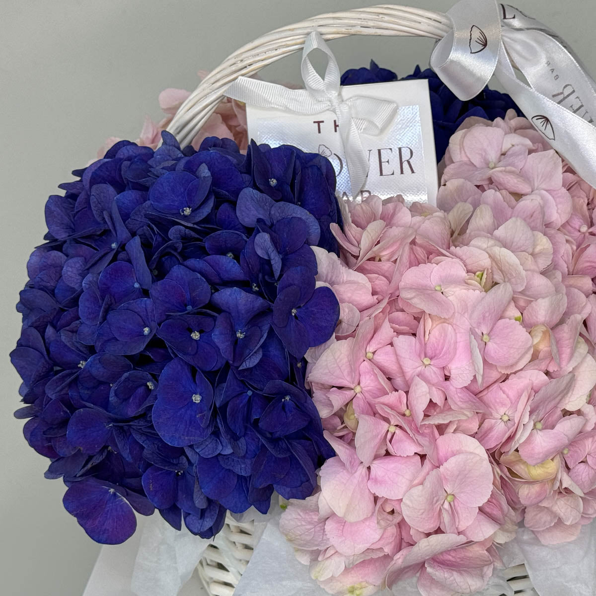 Hydrangea Pink and Purple in White Basket