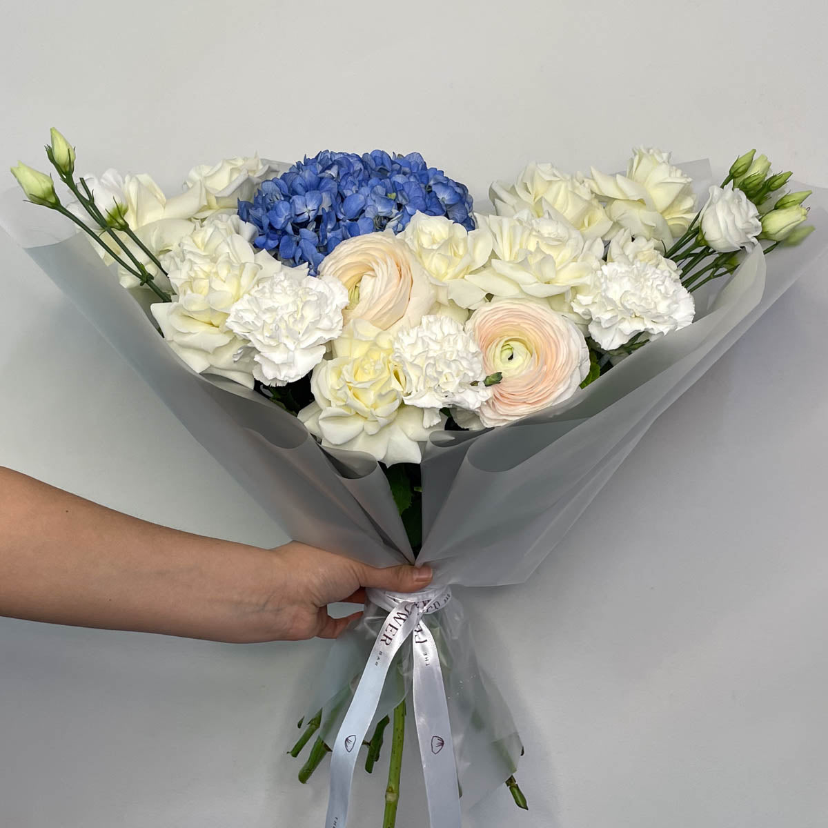Blue Hydrangea & White Roses Bouquet