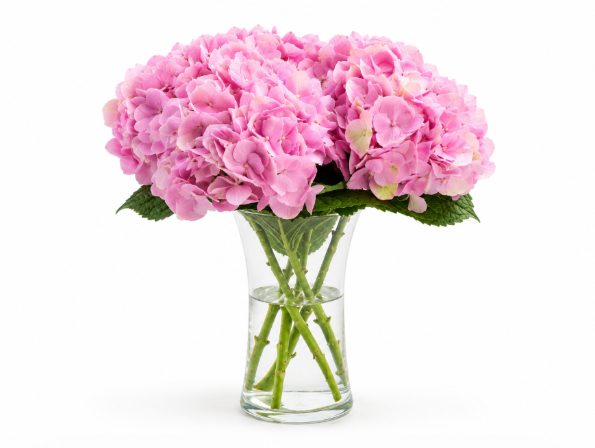 4 Pink Hydrangea in a Glass Vase