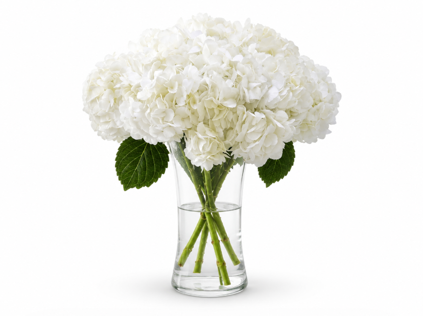 4 White Hydrangea in a Glass Vase
