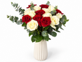 19 Red & White Roses in a Ceramic Vase