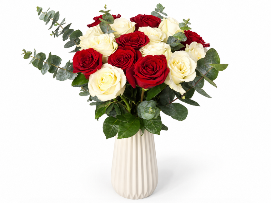 19 Red & White Roses in a Ceramic Vase