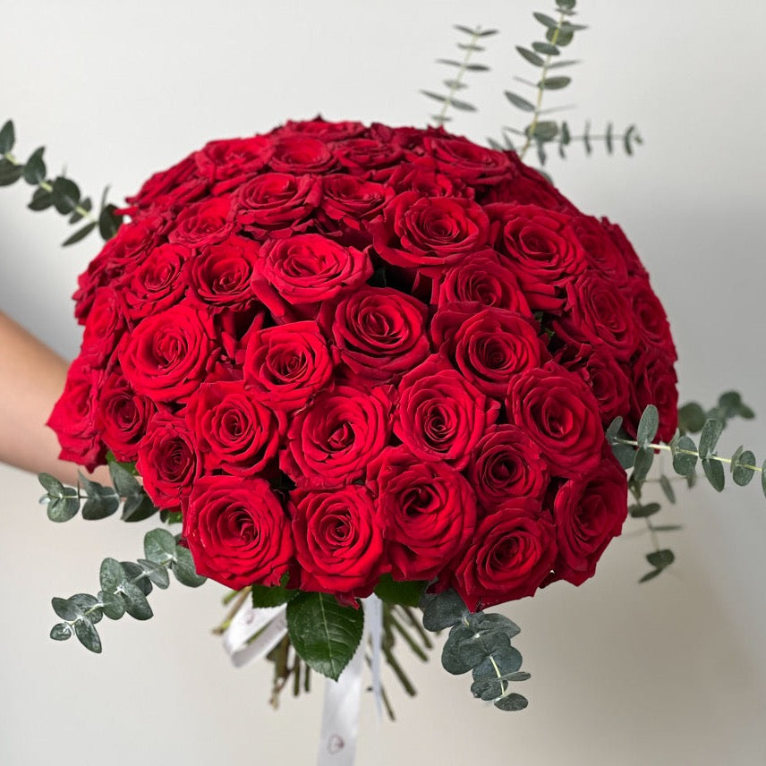 Red Roses With Eucalyptus