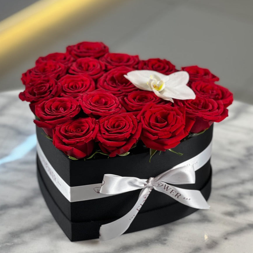 Black Heart Box with 25 Red Roses