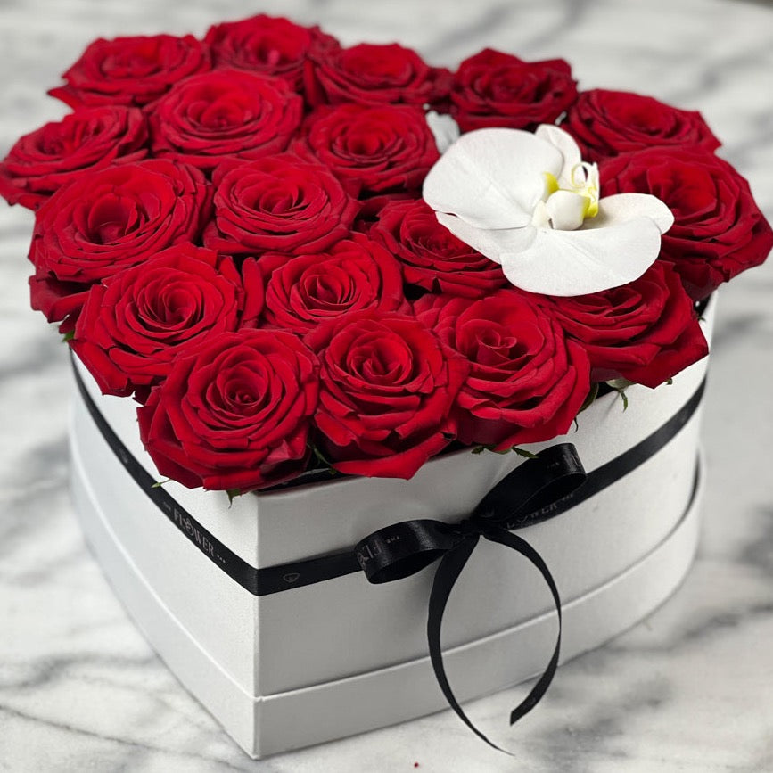 White Heart Box with 25 Red Roses