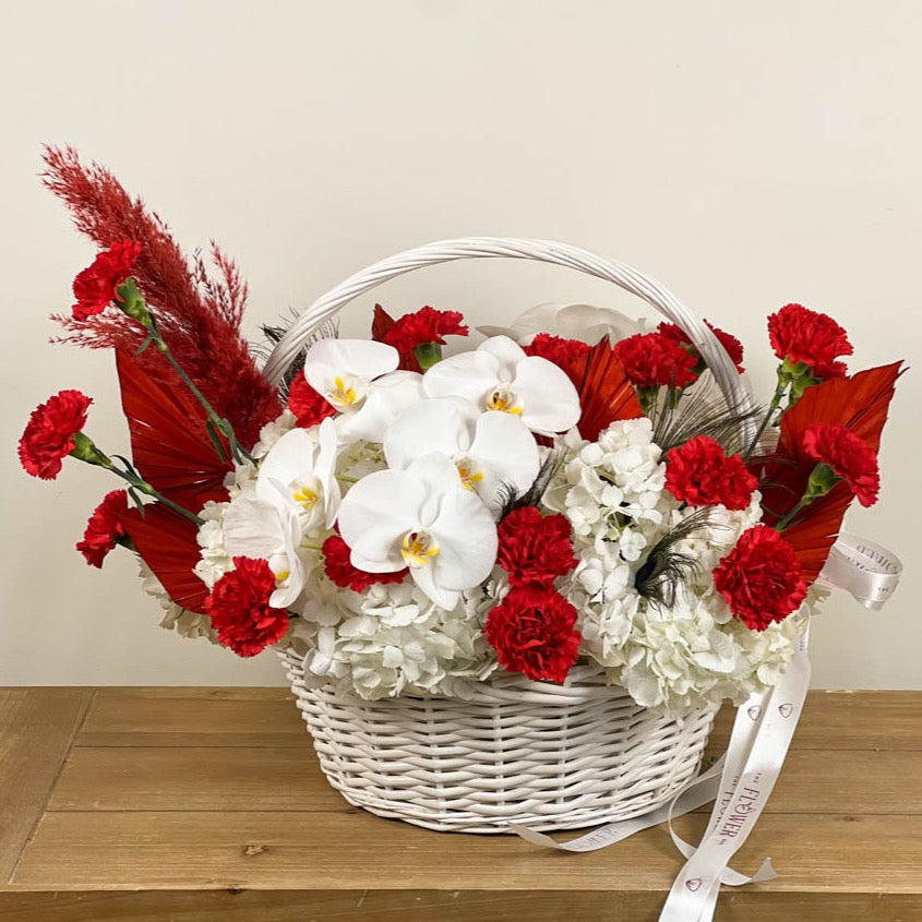 White Basket with White and Red Flowers